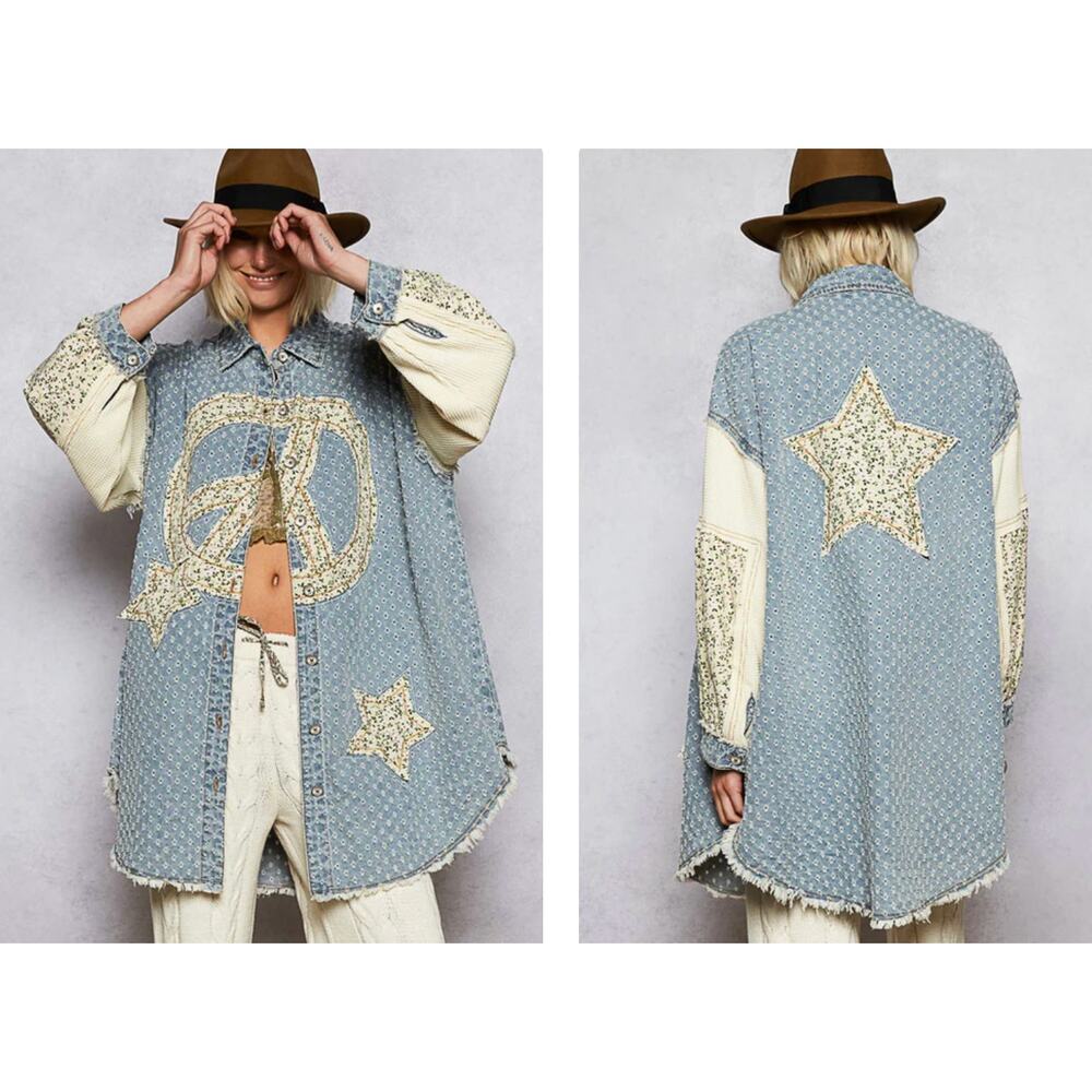 POL PEACE & STAR Patch LONG DENIM Button Up CARDIGAN Distressed